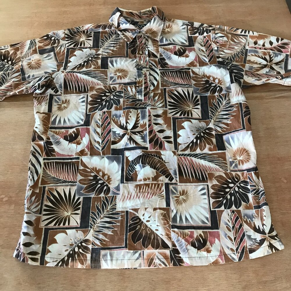 Ono Hawaiian Shirt Men L Brown Floral 1/4 Button Up Pullover Pocket Short Sleeve